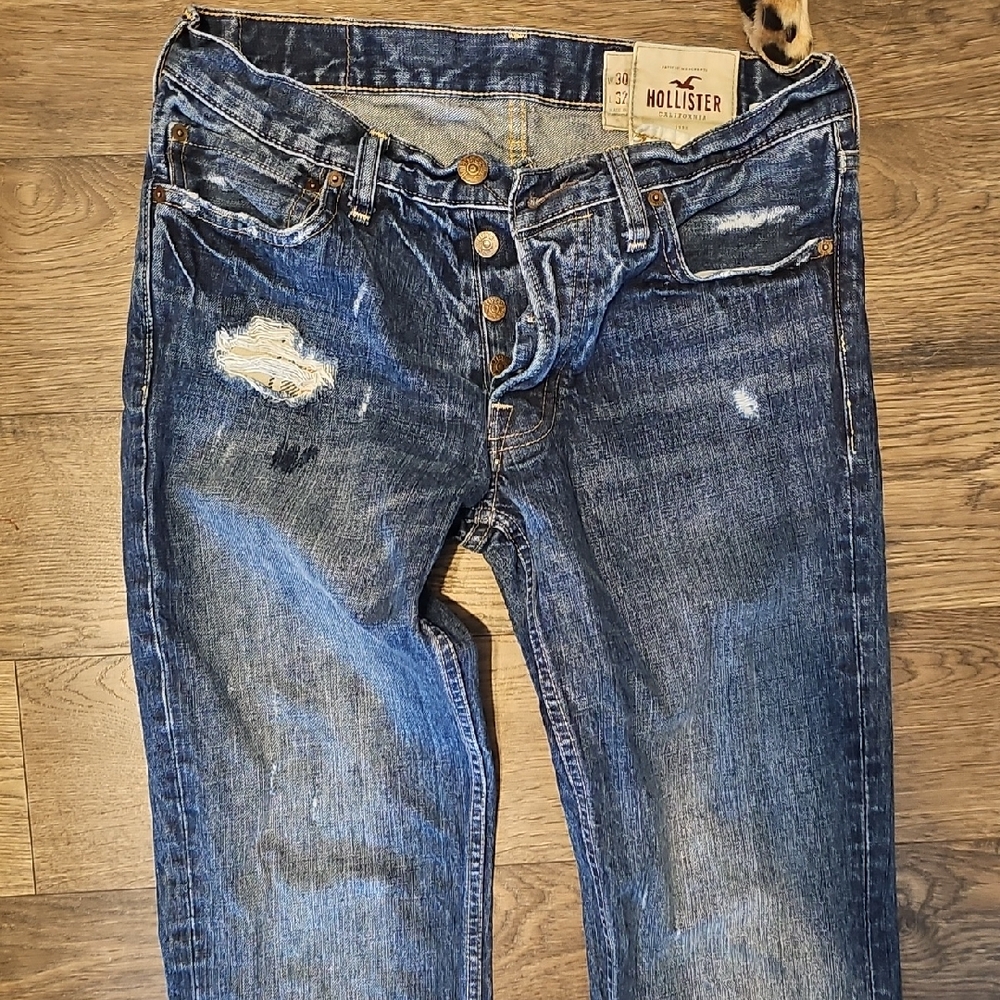 Hollister Men Button Fly Dark Blue Distressed Jeans 30 X 32 Boyfriend